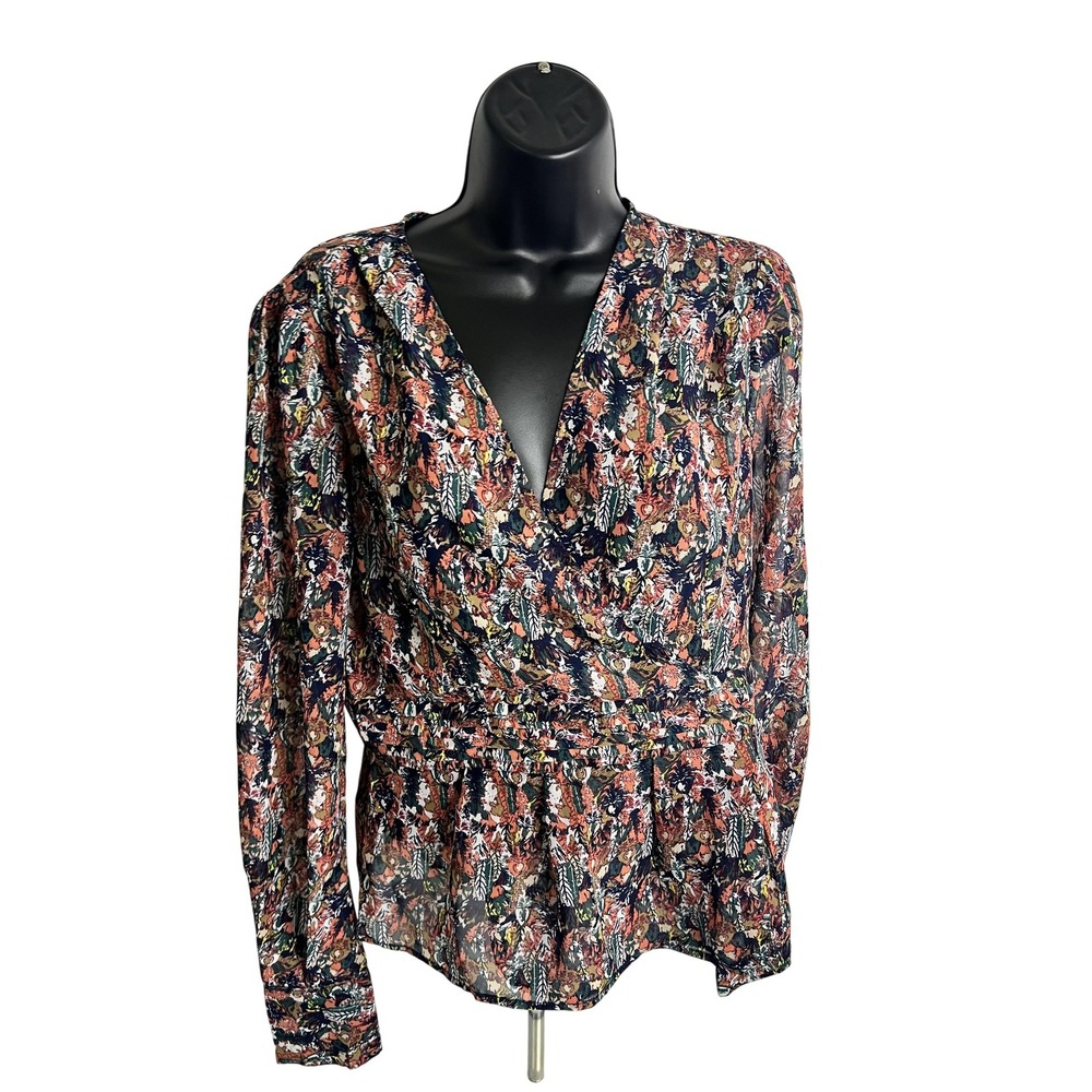 Aqua Luxe Blouse Womens Medium Black Navy Multi Floral Sheer Long Sleeve Peplum